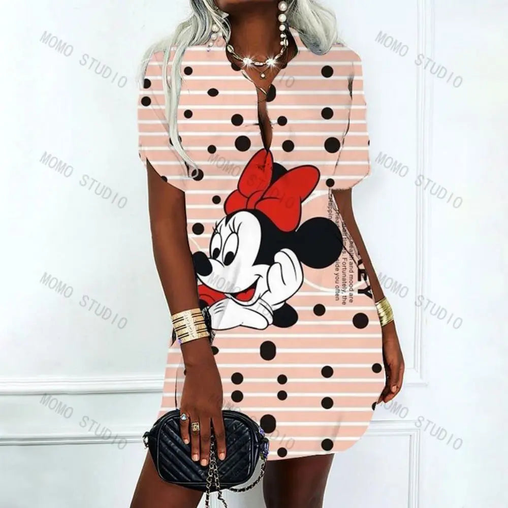 Korean Fashion Elegant Women's Dresses for Party 2023 Dress Polo Shirts Woman Clothes V-Neck Mickey Disney Y2k Minnie Mouse Sexy - Seprincess