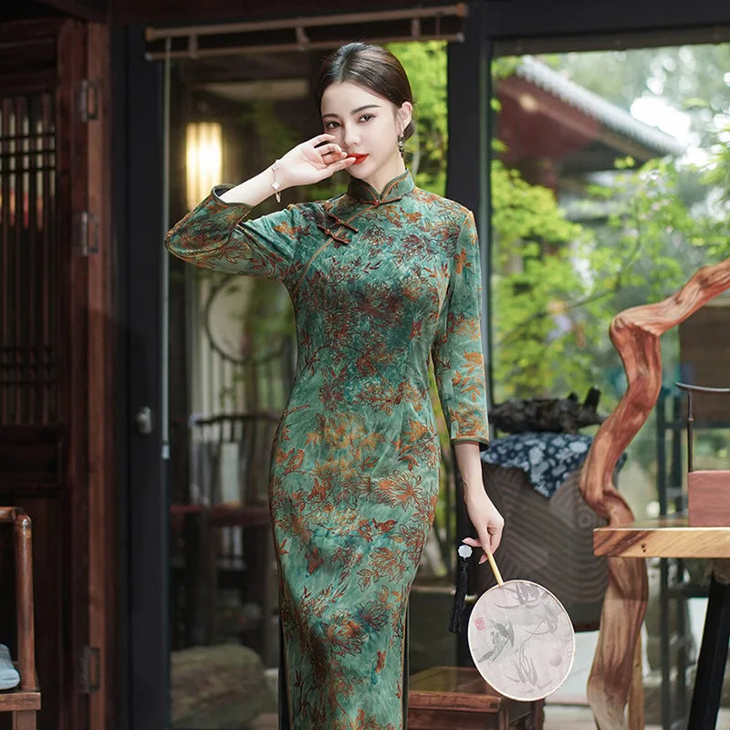 New 5 Color Women Cheongsam Improved Winter Plus Size Dress Chinese Traditional Evening Dresses Long Qipao Costume - Seprincess