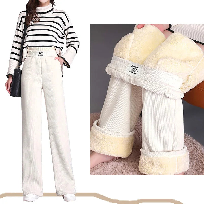 Women Warm Winter Plush Thick Pants Lambskin Cashmere Trousers High Waist Cotton Fleece Loose Female Plus Velvet Wide Leg Pants