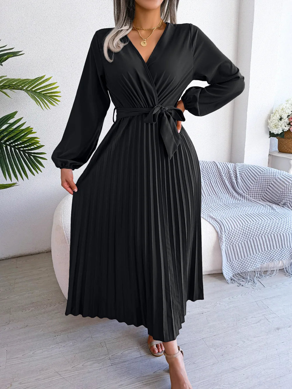 Women Elegant V Neck Long Sleeve Pleated Maxi Dress - Seprincess