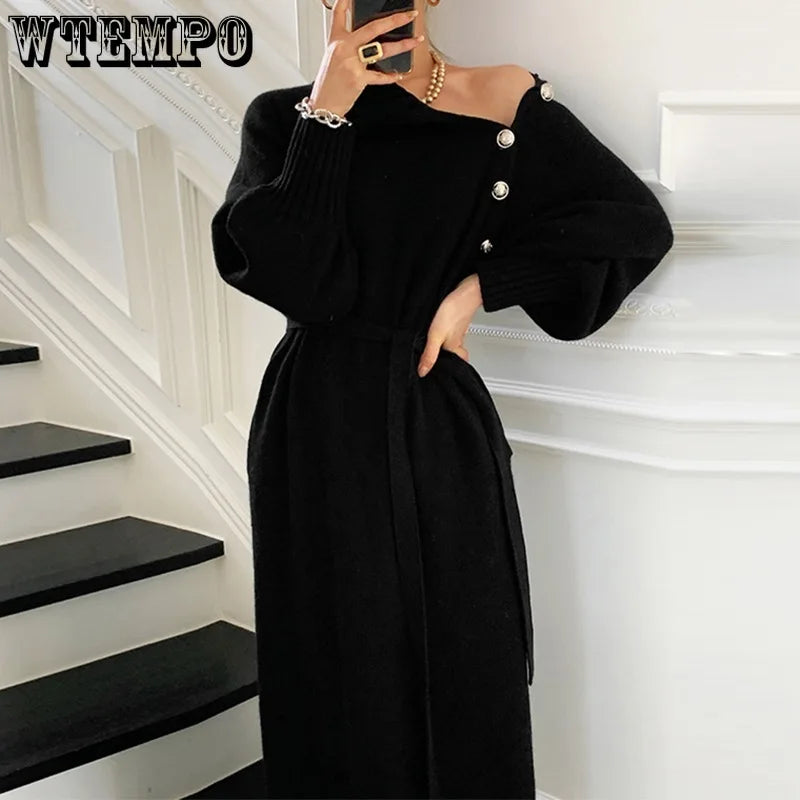 WTEMPO Women's Vintage Long Sleeve Knitwear Loose Buttoned Turtleneck Sweater Dress Autumn Winter Sexy Mid Long Knitted Dresses - Seprincess