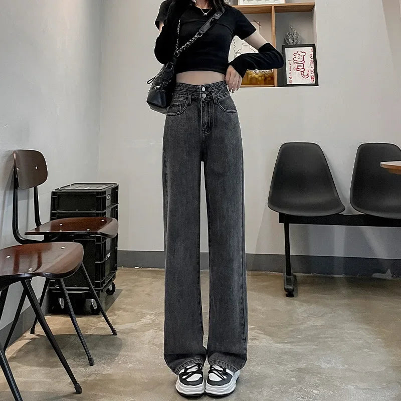 Niche High-waist Double-button Slimming Women's Jeans Charcoal Grey Loose-fit Versatile Petite Length Denim Trousers