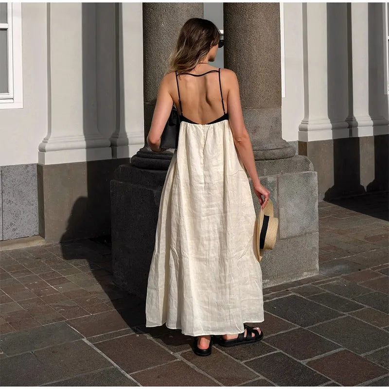 Contrast Splicing Loose Sling Long Dresses Women Square Collar Sleeveless Backless High Waist Dress 2024 Summer Lady Street Robe - Seprincess