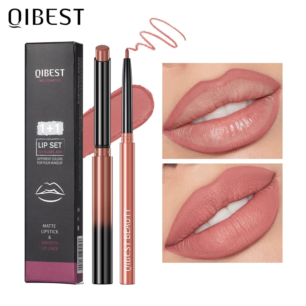 QIBEST 2pcs Lipstick Lipliner Pen Set Matte Nude Lip Liner Pencil Waterproof Long Lasting Lipstick Pen Contour Makeup For Women - Seprincess