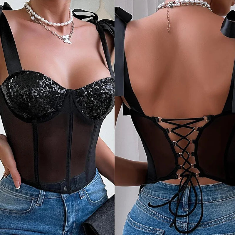 Sling Glitter fish bone tight see through mesh thin design Woman clothing clothes free shipping tops Women's sleeveless Sex shop - Seprincess