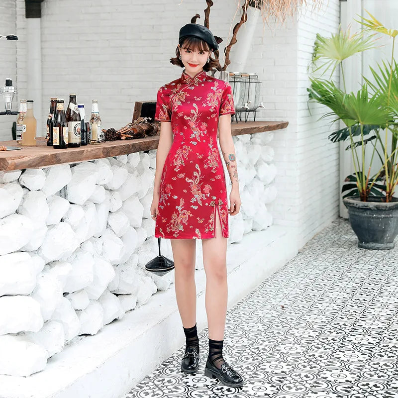 Front Fork Dragon&Phoenix Qipao Elegant Women Cheongsam Old Shanghai Mandarin Collar Sexy Short Chinese Dress Vestido - Seprincess