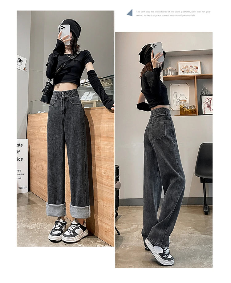 Denim Jeans Women Casual Fashion Button Design Pants Loose Straight Brand High Quality New Arrivals Trousers