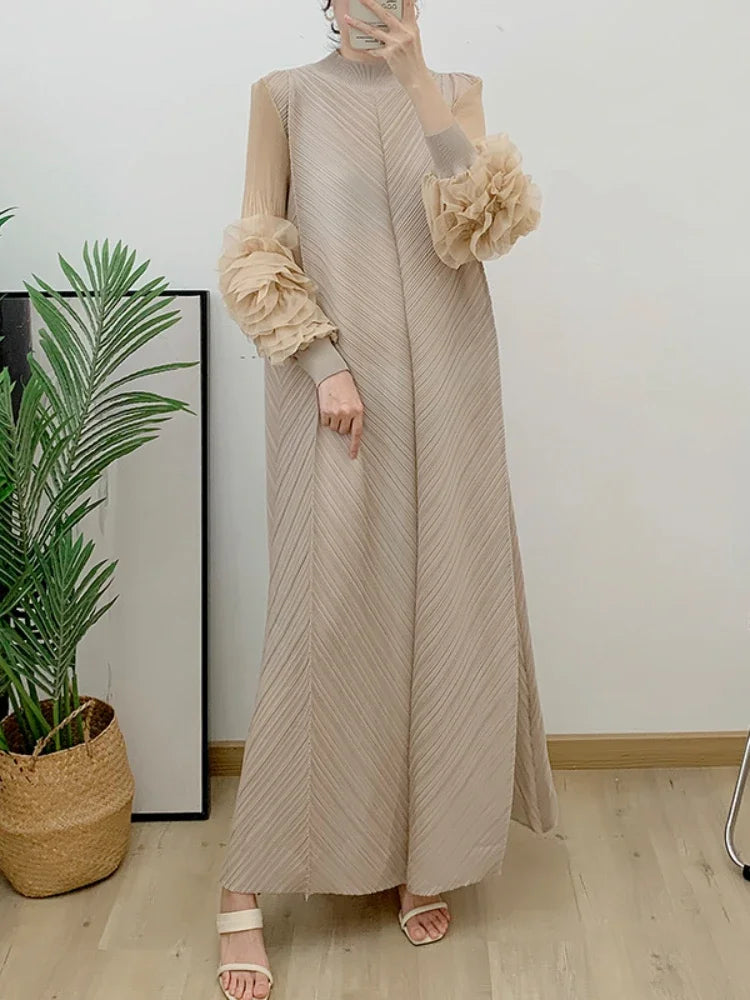 ANLAN Miyake Pleated Maxi Long Dress Mesh Petal Sleeve Half Turtleneck Formal Dresses for Women 2024 New Hot Sales 6KK9927 - Seprincess