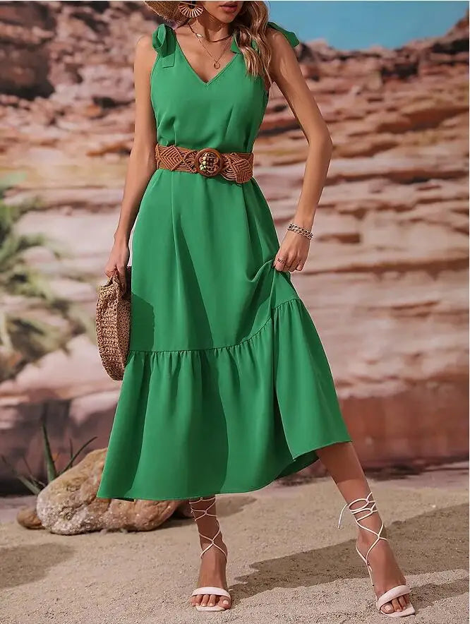 Summer 2024 Green V-neck Lace Up Dress Loose Casual Dress Long Dress Solid Bohemian Beach Skirt - Seprincess