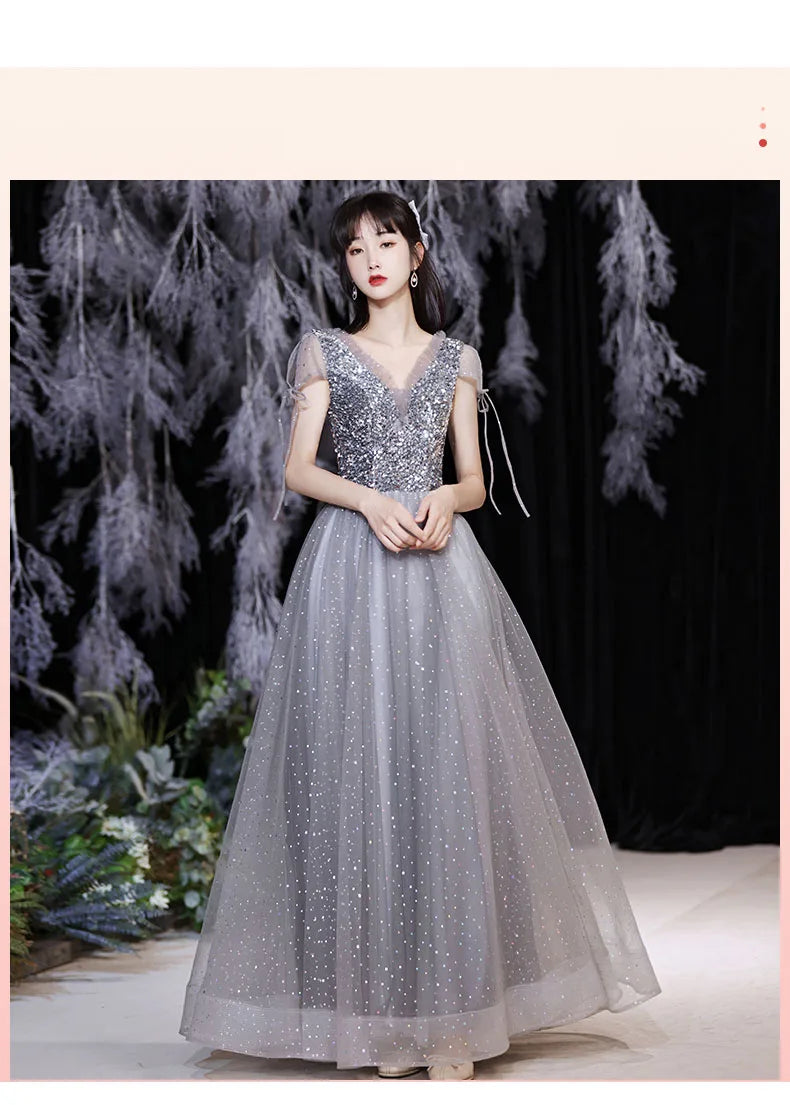 Grey Bridesmaid Evening Dress Women Off Shoulder Sequins Wedding Party Vestidos Fairy Temperament Sisters Group Gown Summer - Seprincess