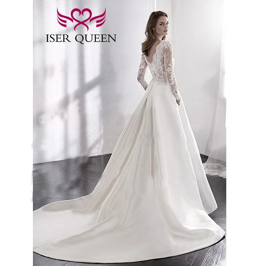 Europe Simple Satin Wedding Dress  2024 A Line Long Sleeves Lace Appliques On The Top Boat Neck Vestidos De Novia W1241 - Seprincess