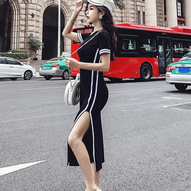 2024 Spring Summer Women Sport Solid Dress Short Sleeved Round Neck Side Split Long Dresses Slim Fit High Waist Casual Ladies - Seprincess