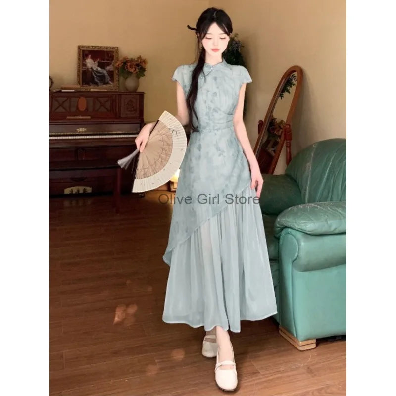 Summer Dress Short Sleeved Dreen Women's Cheongsam Qipao Traditional Improved Slim A-line Long Dress Irregular High-end Elegant - Seprincess