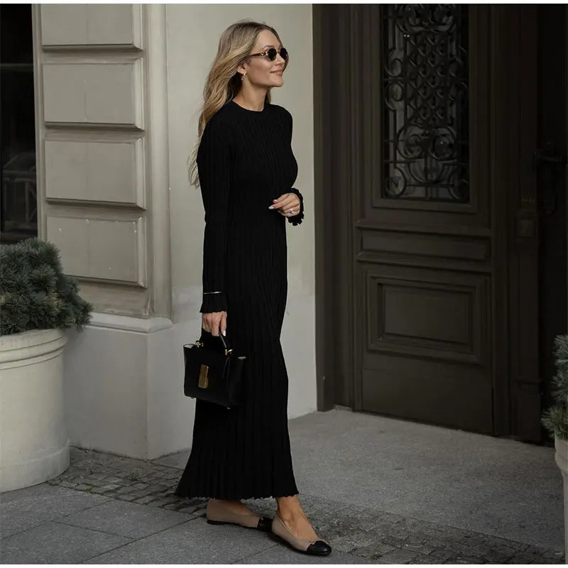 Women Elegant Solid Pleated Knitted Maxi Dress Casual Round Neck Long Sleeve Lace Up Dresses 2024 Autumn Lady High Street Robes - Seprincess