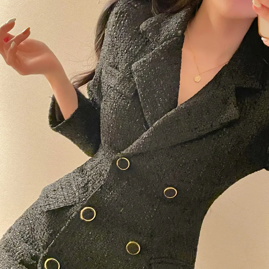 Elegant Tweed Blazer Dress Double Breasted Slim Short Dresses for Women Korean Fashion Office Lady Coat Dress Autumn Winter New - Seprincess