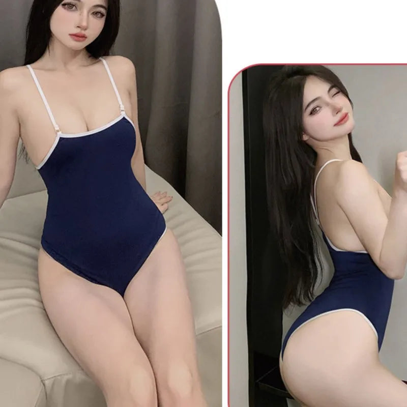 Bodysuit Student Uniform Campus Strap Swimsuit Deep V fetish rhinestones sexy lingerie erotic costume 18 female bdsm outfit xxx - Seprincess