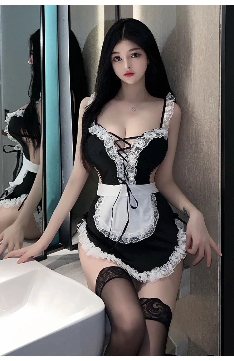 Sexy lingerie Apron Tight Strap Deep V Breastfeeded Maid Uniform Temptation suit for roller female women's ethical costumes xxx - Seprincess