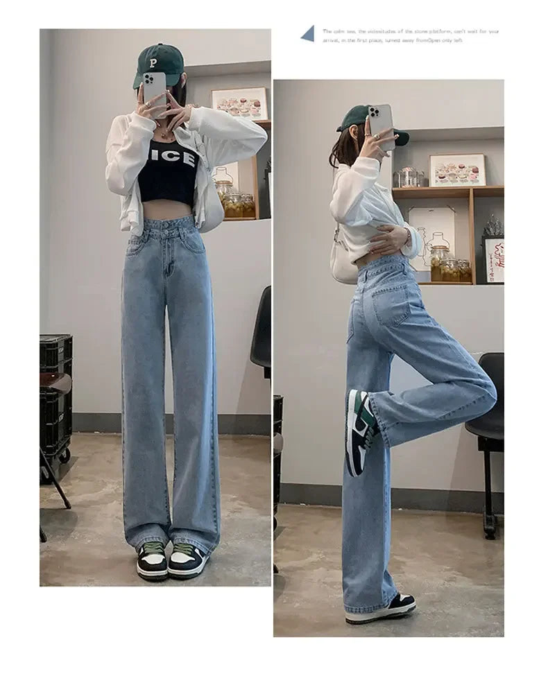 Niche High-waist Double-button Slimming Women's Jeans Charcoal Grey Loose-fit Versatile Petite Length Denim Trousers