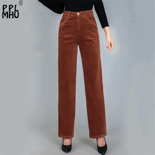 Office Work Corduroy Women's Pants Basic Classic Trousers Mother Solid Color High Waist Caramel Bottoms Fall Winter Pantalones