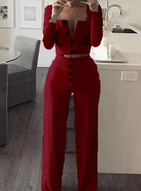 Two Piece Set Women Outfit 2023 Spring Fashion Square Neck Long Sleeve Casual Short Cardigan Top & Buttoned Casual Pants Suit - Seprincess