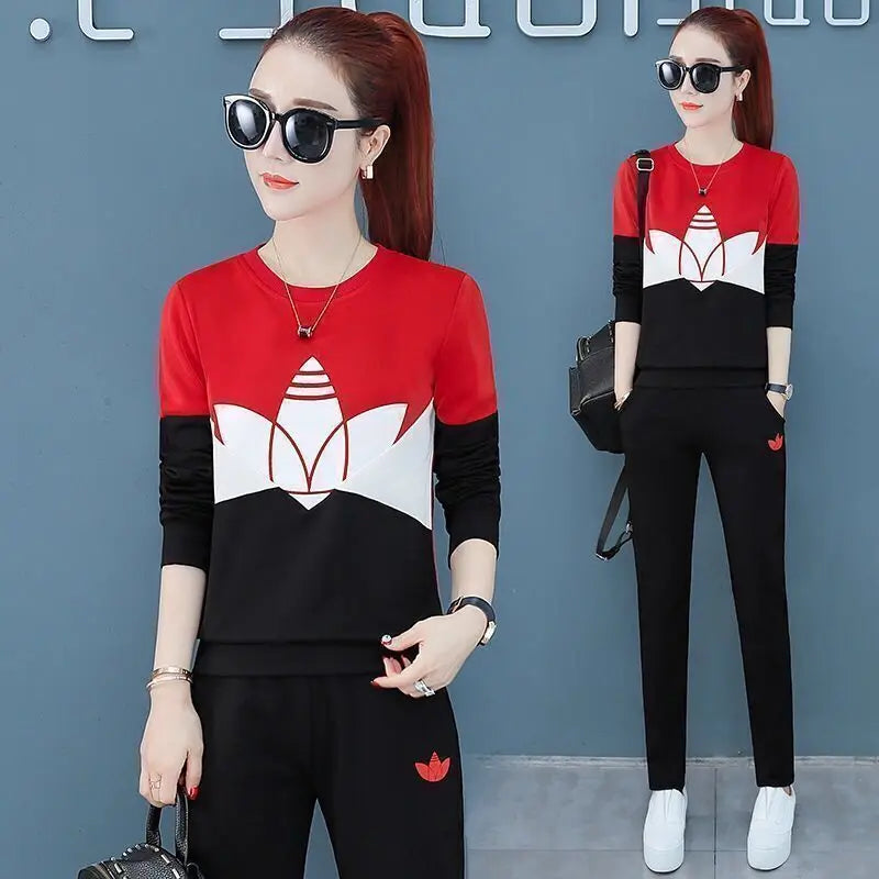 2022 Summer New Daisy Loose Pants Suit Women's Track Korean Version Splicing Long Sleeved Top and Trousers Two Piece Set - Seprincess