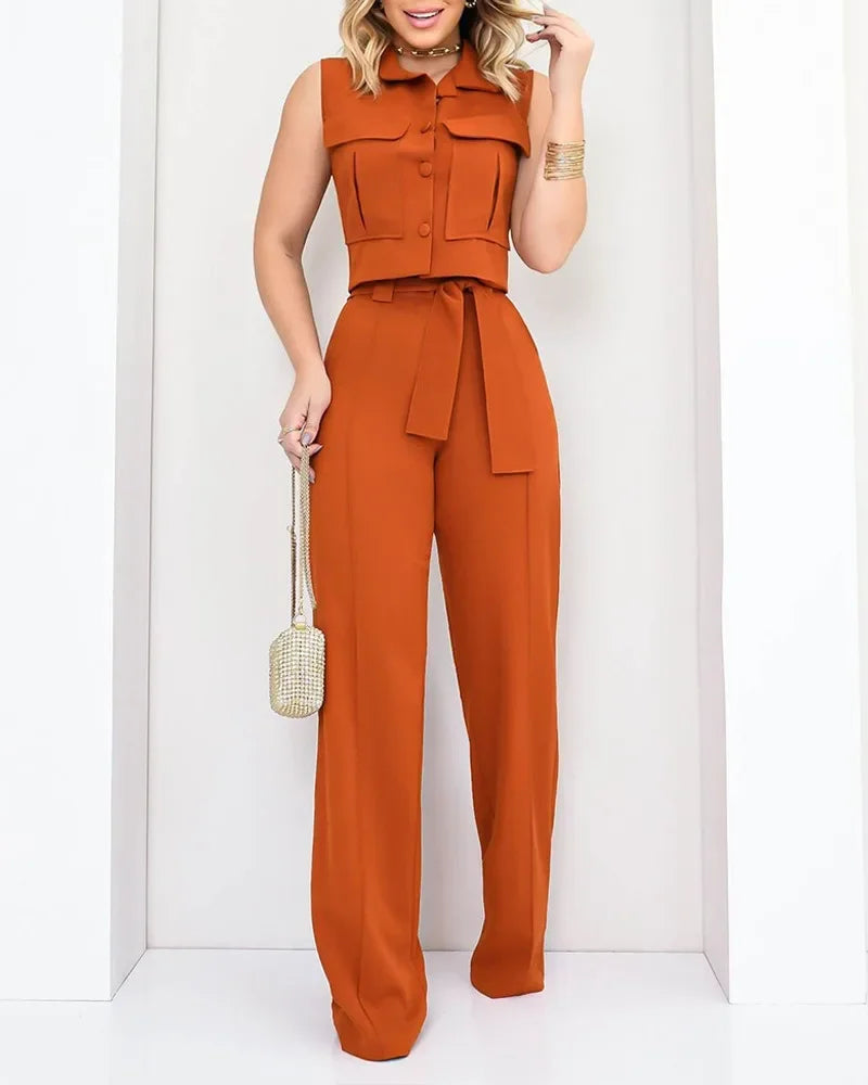 Women Single-Breasted Solid Top 2PCS Outfit 2024 Spring Summer Loungewear Wide Leg Pants Matching Sets Elegant Ladies Suits - Seprincess