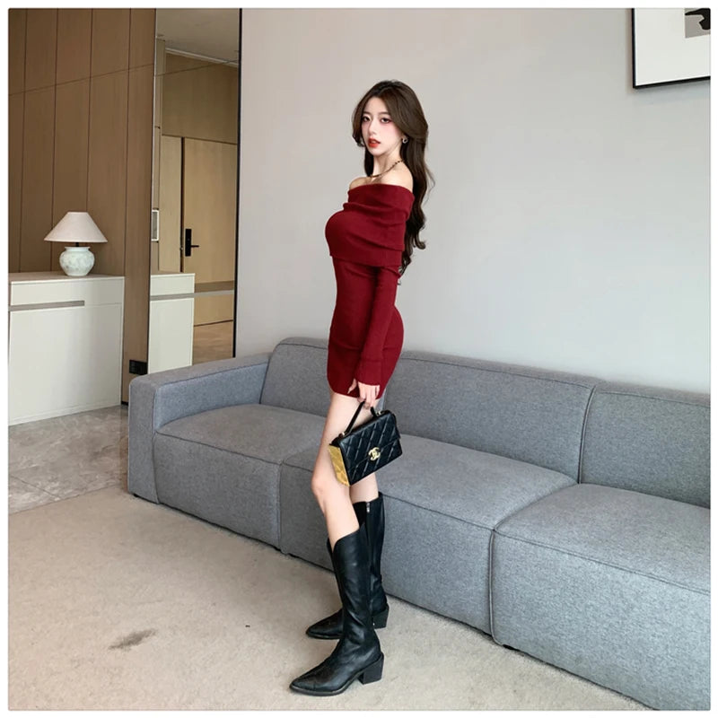 Sexy Slash Neck Mini Dress Women Vintage Elegant Black Wrap Sweater Dresses Winter Korean Red Off Shoulder Bodycon Vestidos New - Seprincess