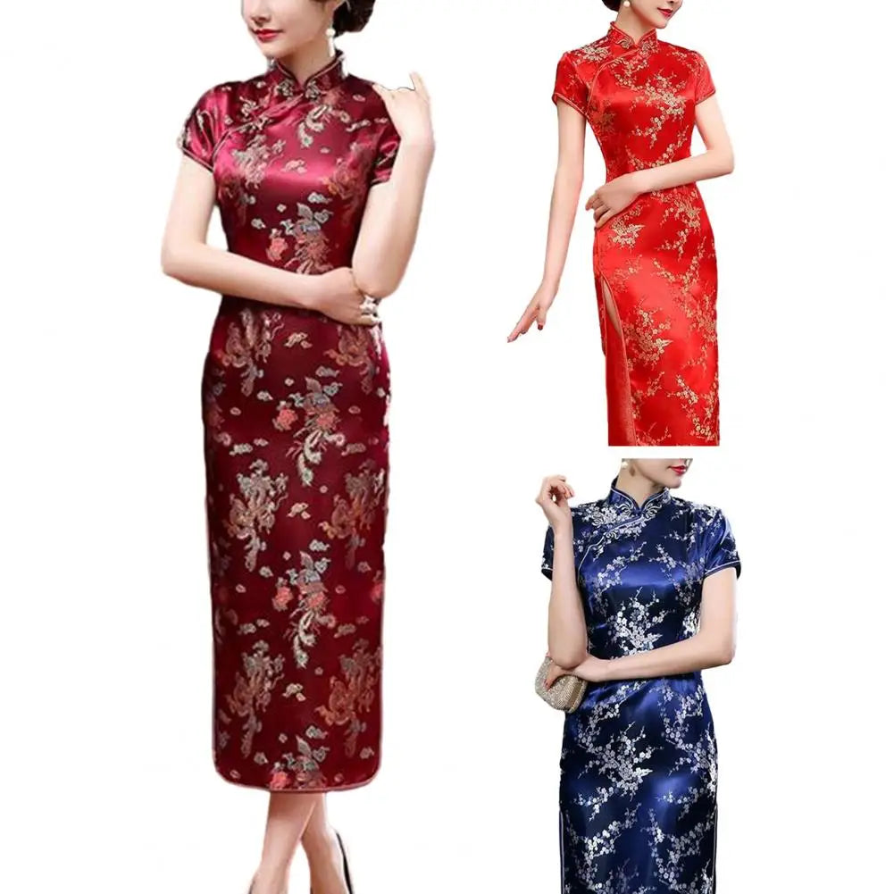 Retro Style Cheongsam Dress Elegant Chinese National Style Floral Embroidery Cheongsam Dress with Stand for Summer for Women - Seprincess