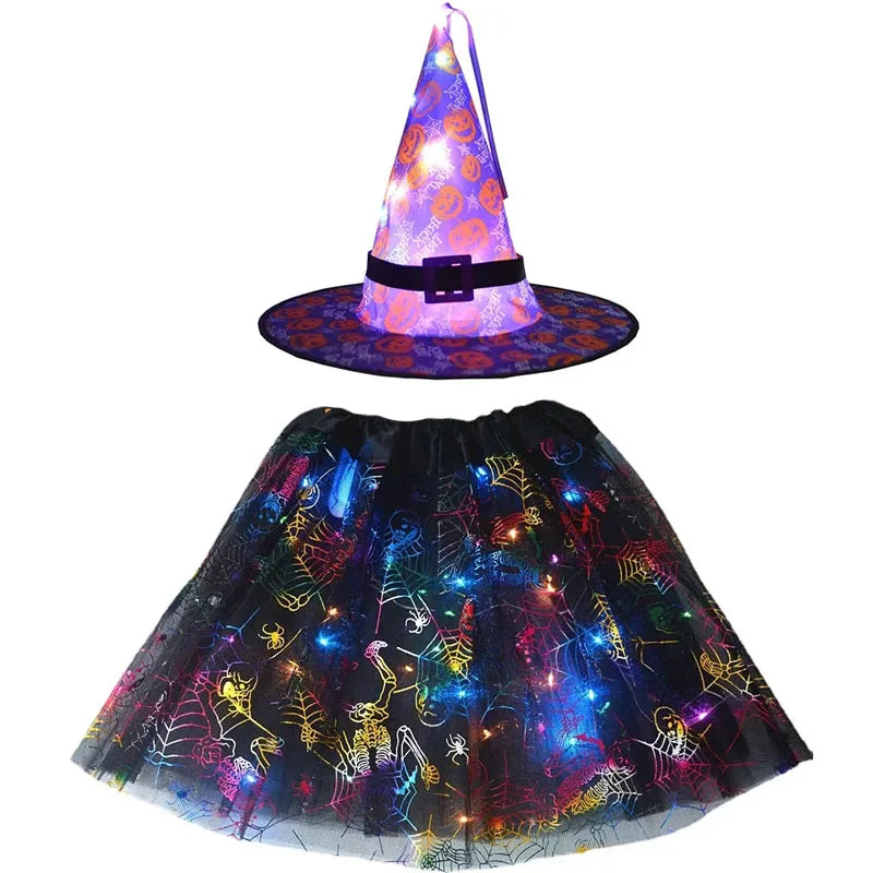 Women Kids Girl Luminous LED Glow Light Up Elf Witch Hat Star Skirt Spider Web Tutu Wizard Costume Party Gift Halloween Festival - Seprincess