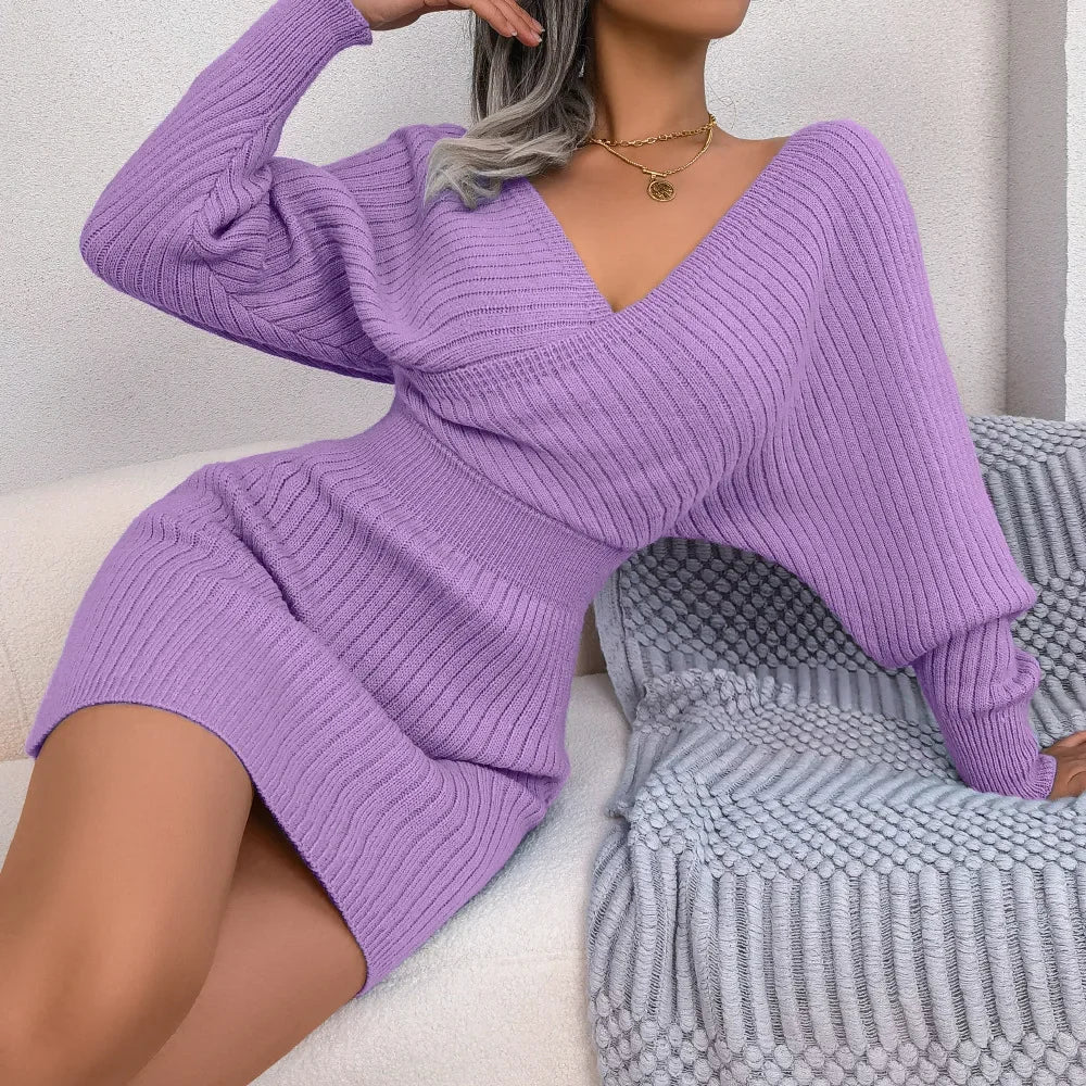 2024 New Spring Bodycon Sweater Dresses For Women Autumn Casual Long Sleeve Knitted Clothes White Green Blue Black Purple Dress - Seprincess