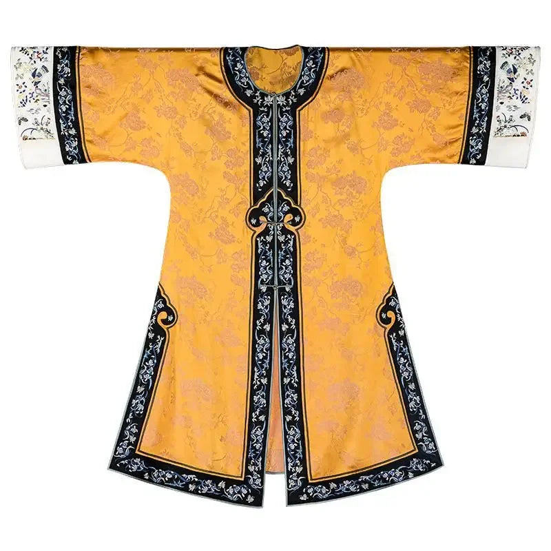 Qing Dynasty Satin Yellow Printed Cheongsam Cloak Chinese Vintage Heavy Industry Horse Face Skirt Original  Qipao Dress Modern - Seprincess