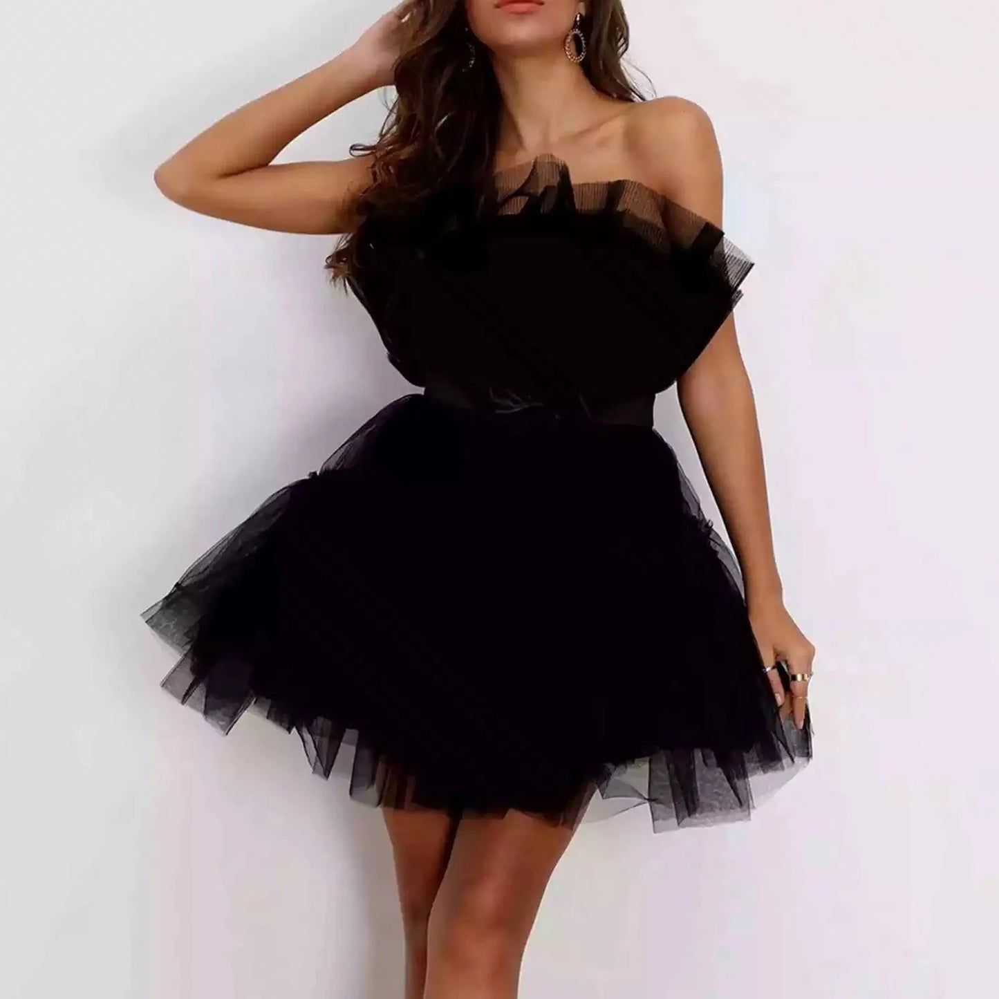 Tulle Dress Women Short Puffy Prom Dress Strapless Mesh Birthday Fairy Dresses Ruffle Cocktail Dress for Women Wedding Long - Seprincess