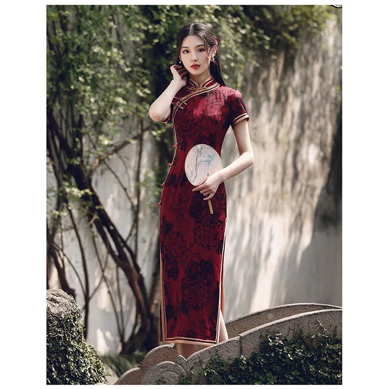 Wine Red Long Short Sleeves Cheongsam 2023 New Improved Young women Summer Silk and Satins Fashion One Piece Chinese Qipao Dress - Seprincess