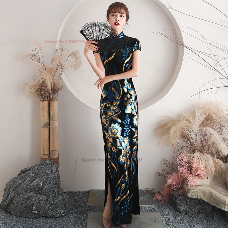 2024 chinese vintage dress improved cheongsam flower embroidery velvet dress oriental evening qipao banquet party dress vestido - Seprincess