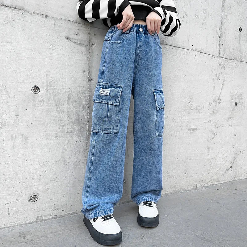 Teenage Jeans for Girls 2024 Spring Summer Casual All-match Loose Kids Leg Wide Pants School Children Trousers 4-16 Years