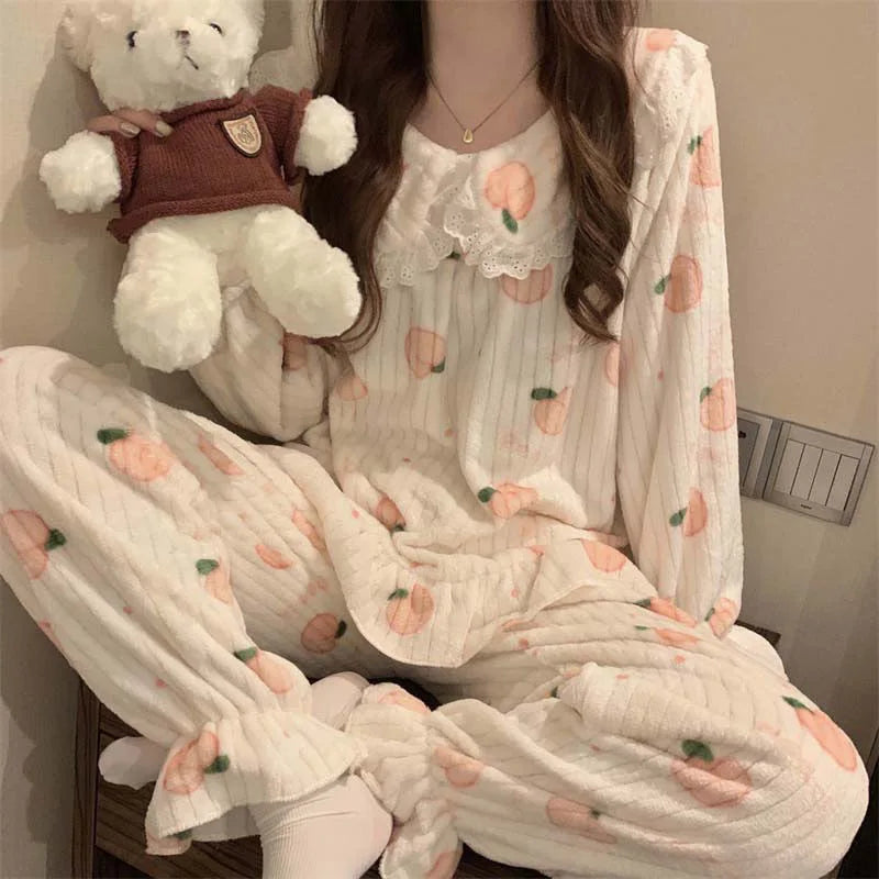 Cartoon Pajama Sets Women Pyjamas Warm Flannel Sleepwear Girl Pijama Set Suit Pant Home Korean Peach Sleep Lace Sleepwear - Seprincess