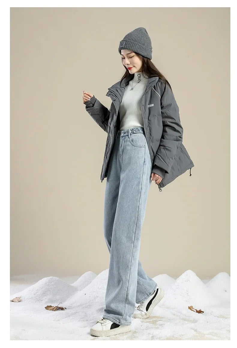 Autumn/winter Deep Color Wide-leg Fleece-lined Warm Jeans Women's Outerwear Slimming Loose-fit Straight-leg Model Pants