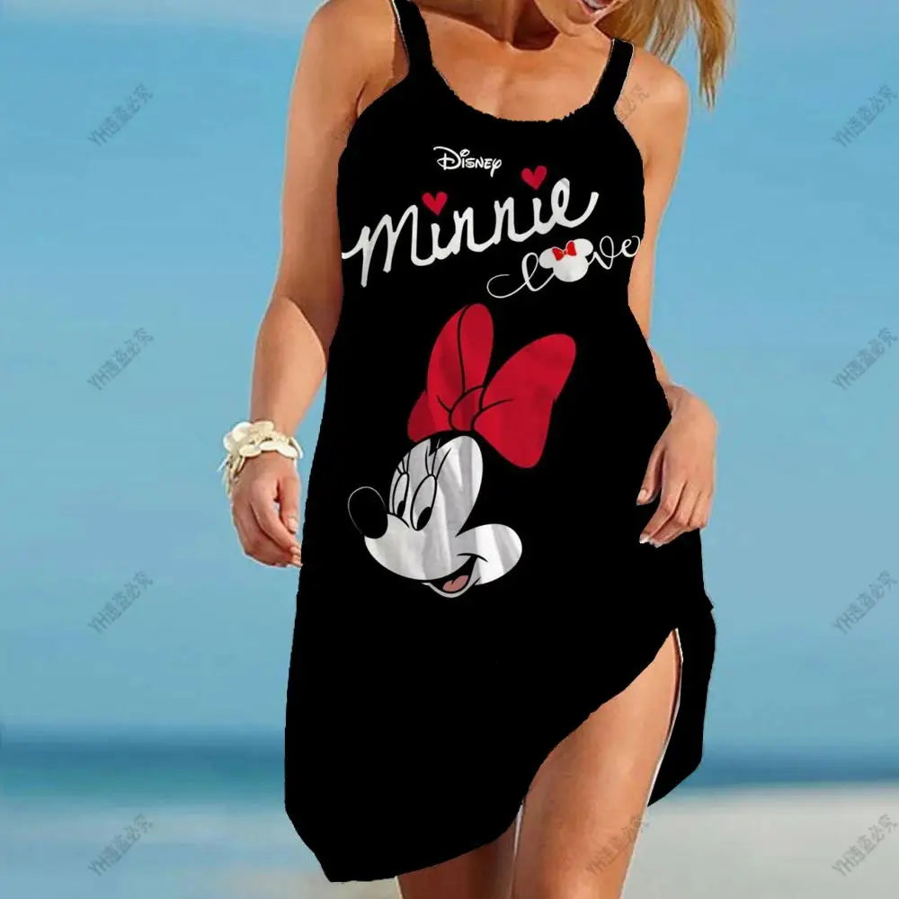 Disney Minnie Mickey Mouse Women Dresses 3D Dye Print Fashion Sleeveless Summer Halter Casual Sexy Dress Loose Kawaii Dress - Seprincess