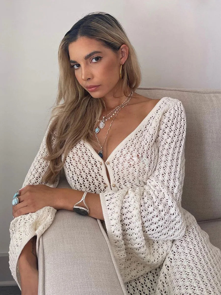 Sexy Women White Long Knit Sleeve Bikin Fashion Cover up Female See-Through Deep V-Neck Hollow-Out Beach Knitwear Backless Dress - Seprincess