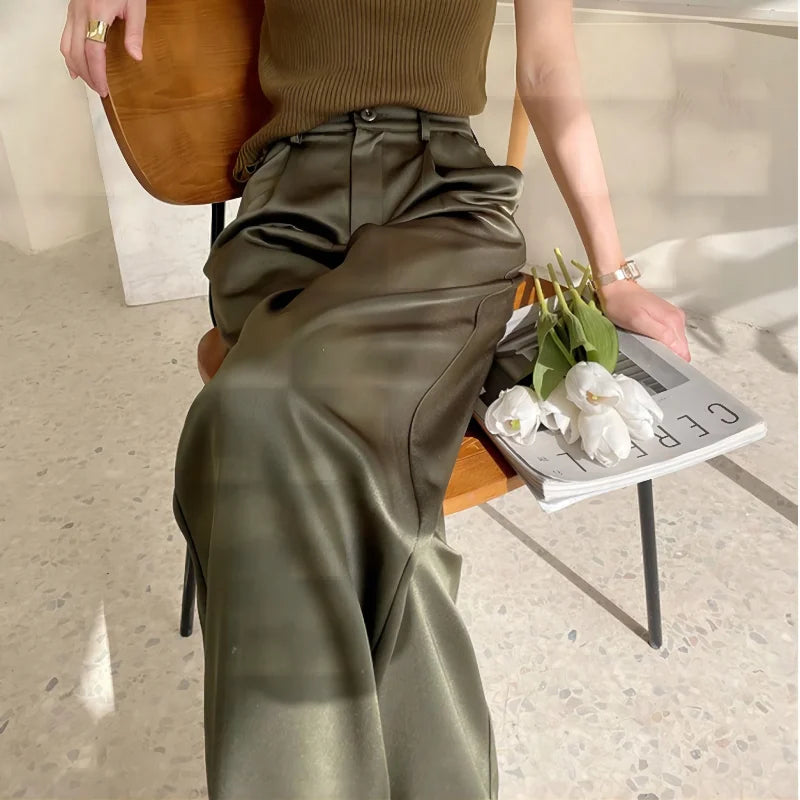 Summer Autumn Women's Pants Loose Classic Black Straight High Waist Casual Silk Satin Wide Leg Trousers for Women drape effect