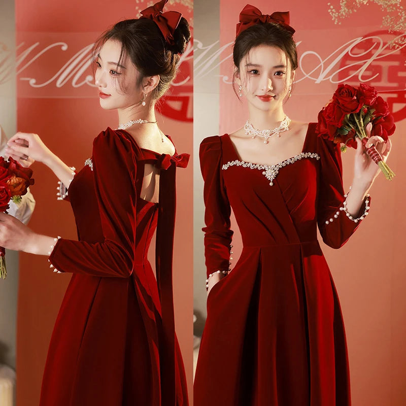 Chinese Style Female Qipao Evening Party Dress Velvet Long Sleeve Formal Party Dress Chongsam Sexy Rhinestone Marriage Dress - Seprincess