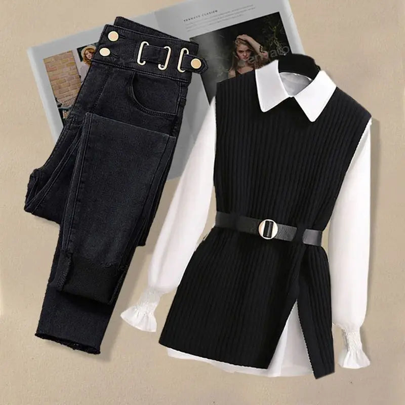 2024 Spring New Korean Elegant in Matching Set Women's Fashion Knitted Vest+Shirt+Jeans Three Piece Female Chic Denim Pants Suit - Seprincess