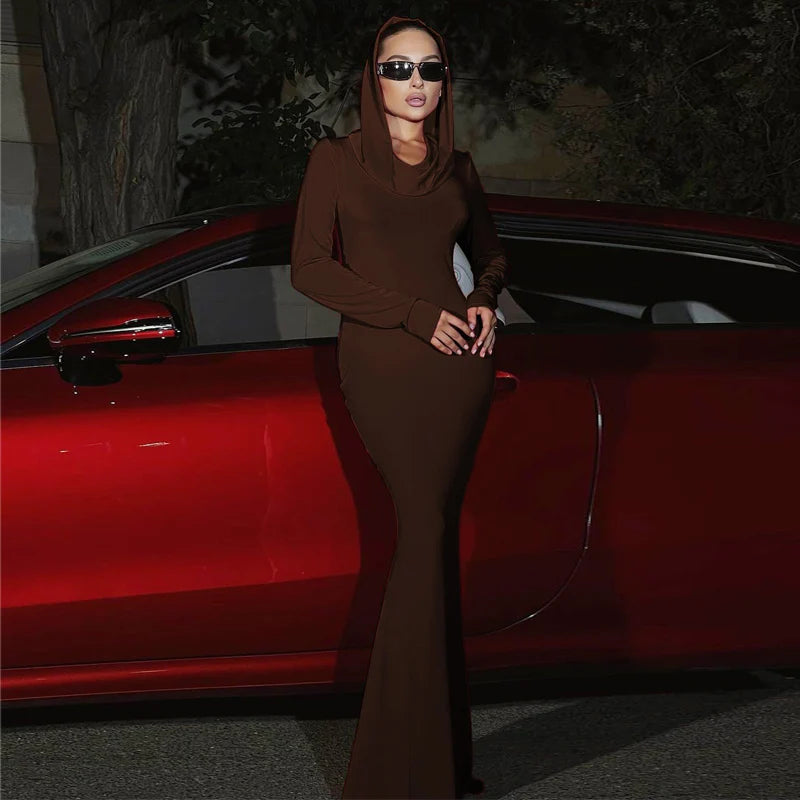 DGLUKE Black Hooded Long Dress For Women Slim Long Sleeve Autumn Winter Maxi Dress High Street Celebrity Dresses - Seprincess