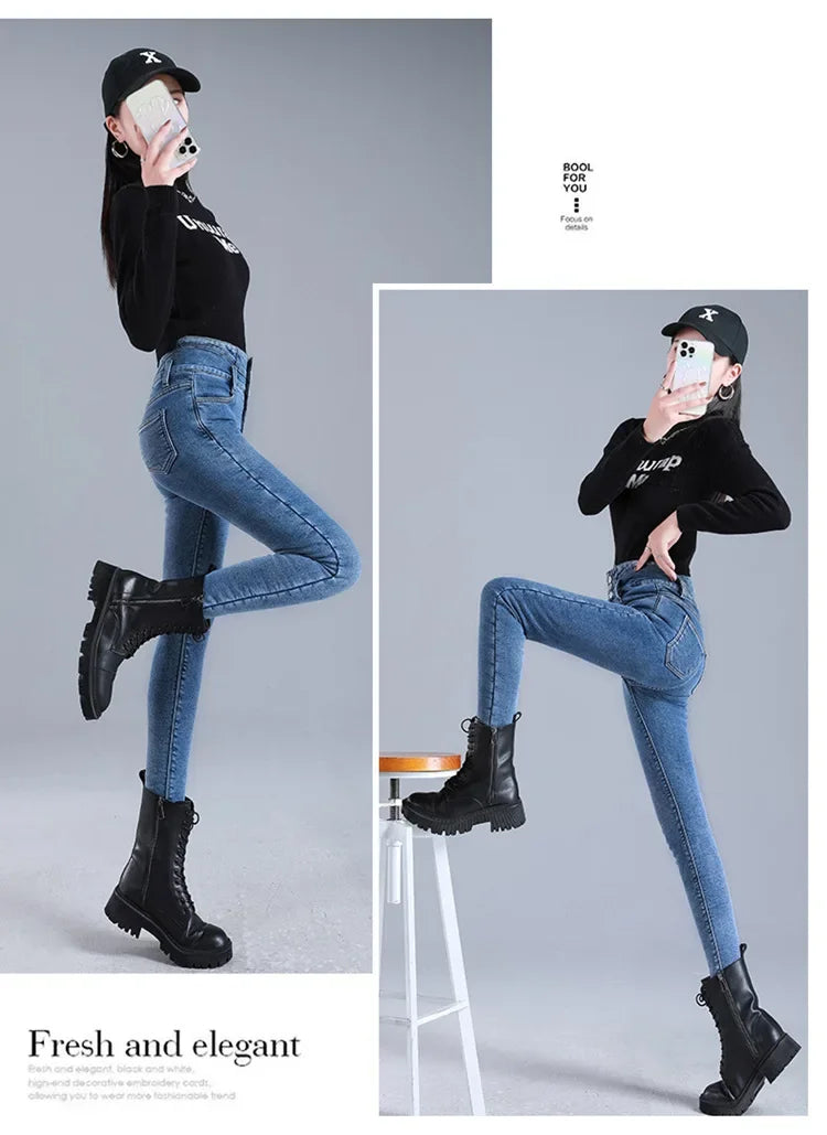 2023 Winter New Women's High-Waisted Elastic Korean Style Slimming Thickened Warm Fleece-Lined Jeans Outer Wear Small Foot Trous