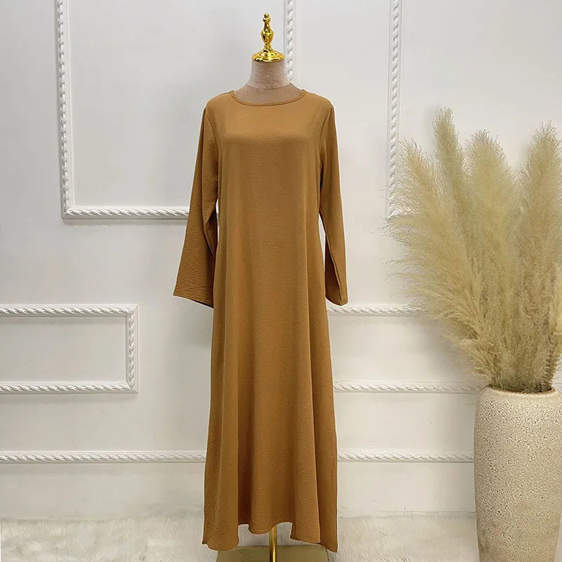 New Abaya Under Dress Long Sleeve With Pockets High Quality Jazz Crepe EID Muslim Women Basic Solid Modest Maxi Islamic Clothing - Seprincess