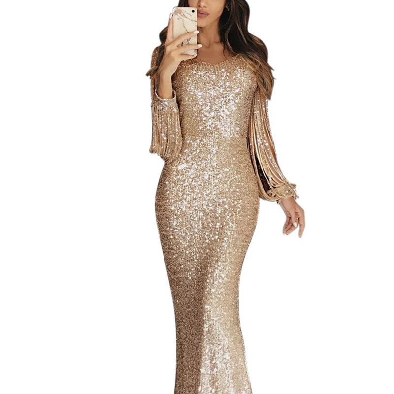 Spring 2022 Women Fashion Elegant Sequins Solid Color Maxi Wedding Evening Party Dress Female Long Tassel Sleeve Bodycon Dresses - Seprincess