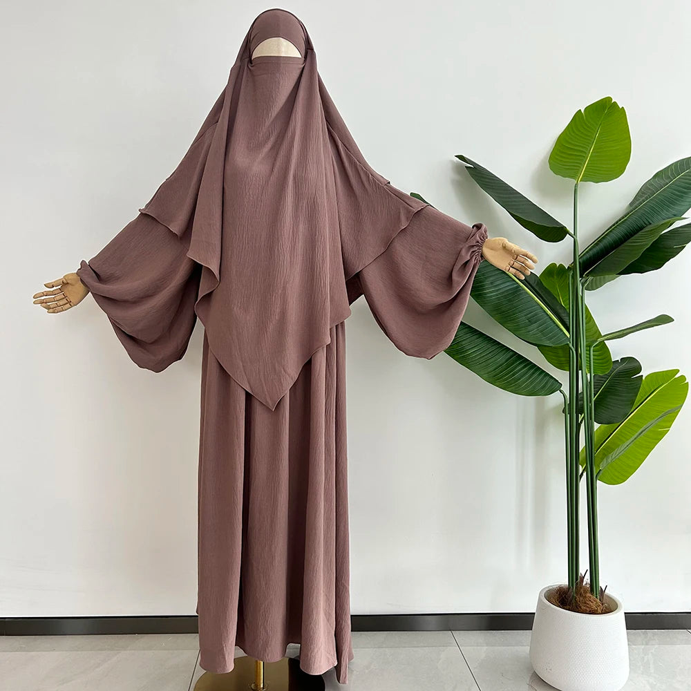 Abaya Khimar Set 2 Piece Jazz Crepe Balloon Sleeve Muslim Dress Women Dubai Luxury Wholesale Prayer Jilbab Islamic Clothing - Seprincess