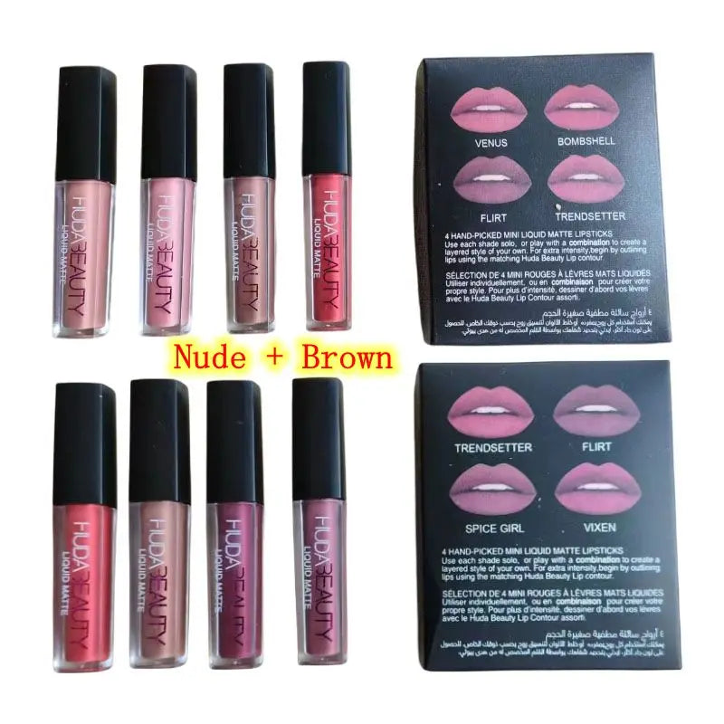 4pcs Lipstick Set Matte Lip Gloss Waterproof Lip Glaze Tint Non-stick Non-Fading Lips Huda Lip Makeup Cosmetic Lip Care - Seprincess