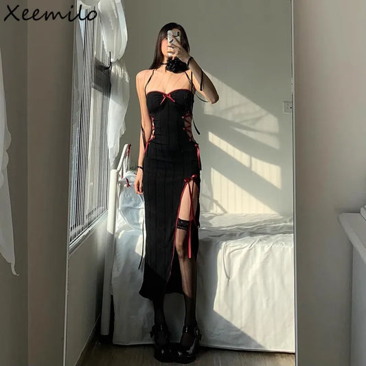 WhereMery Gothic Sexy Bow Applique Bandage Long Dress Aestheitic Strapless Skinny High Slit Dresses Y2K Fashion Club Party Dress - Seprincess