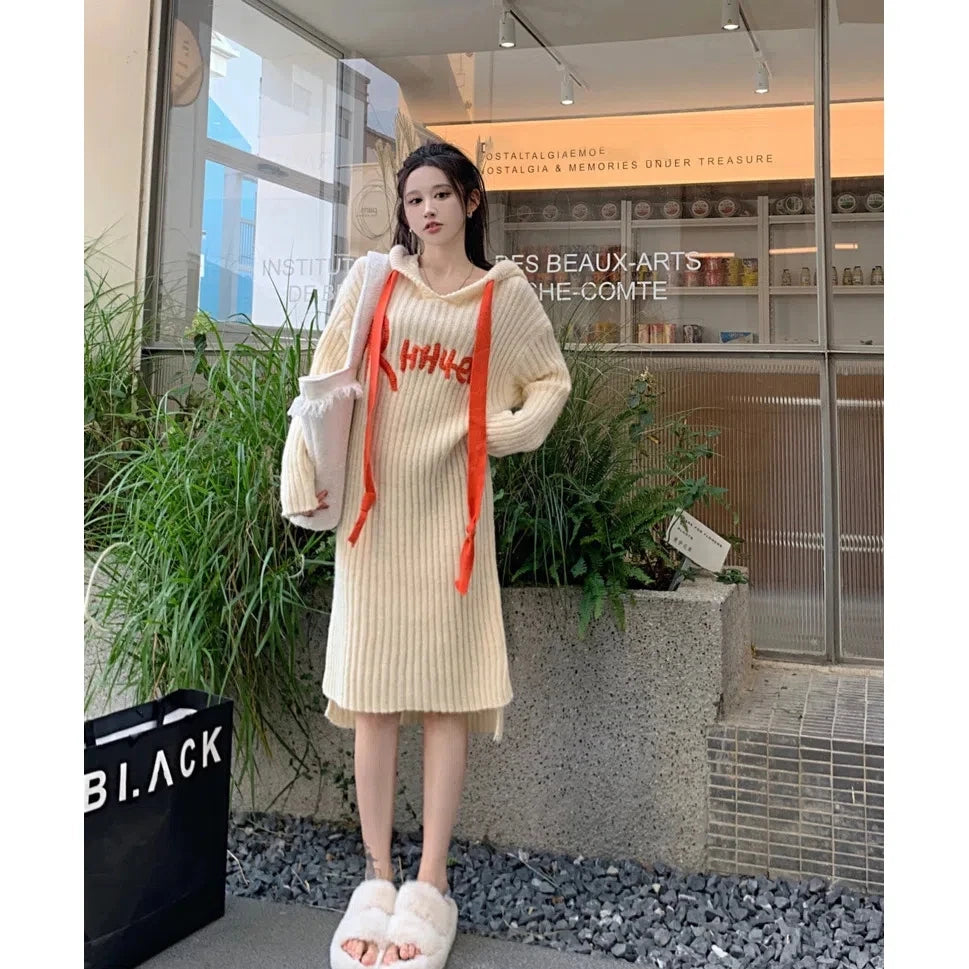 Autumn Winter Casual Dress for Women Long Sleeve O Neck Ruffles Hem Knitted Dresses Fashion Loose Elegant Streetwear - Seprincess